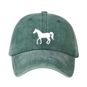Unisex washed cotton baseball cap in forest green featuring a white horse print silhouette