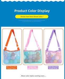 Detailed view of three mesh beach bags in orange, pink, and purple with adjustable straps