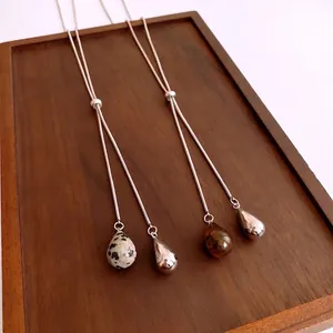 Collier En Cuivre Vintage Avec Pendentif Goutte D'eau En Oeil De Tigre Et Pierre Dalmate Chaîne Serpent Réglable Pour Femmes