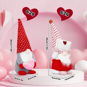 Detailed size view of plush Valentine's Day gnomes with hearts and envelopes