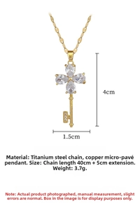 Detailed dimensions of the gold flower key necklace with pink cubic zirconia pendant