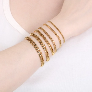 Detailed comparison of 18K gold plated stainless steel Cuban link bracelets in six widths