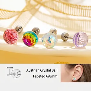 Faceted Crystal Ball Stud Earrings Titanium Steel Screw Back Ear Bone Nail Flat Back Sparkly Jewelry For Women