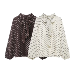 Camicetta In Chiffon A Pois Da Donna Fiocco Al Collo Maniche A Lanterna Lunghe Camicia Casual Elegante Top