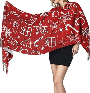 Detail of red Christmas scarf featuring white festive trees, candy canes and fringe tassels