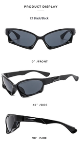 Detailed multi-angle views of Y2K black futuristic sunglasses in front and side profiles