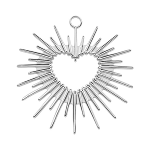 Detailed view of silver heart sunburst pendant in 304 stainless steel with top ring