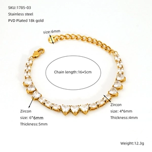 Detailed view of gold stainless steel heart zircon bracelet with measurement labels