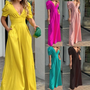 Women's V-neck puff sleeve wide-leg jumpsuit in five stylish solid colors with high waist