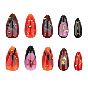 Gothic 3D rose and cross almond press-on nails with dark red gradient and crystal studs