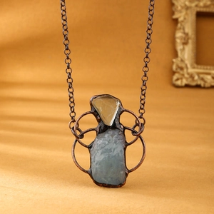 Vintage handmade aquamarine and fluorite raw stone pendant necklace with bronze finish