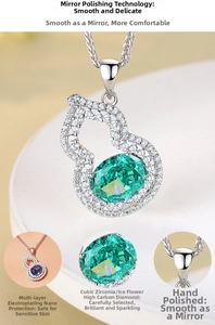 Macro shot of silver gourd pendant with emerald green stone and white zircon pave setting
