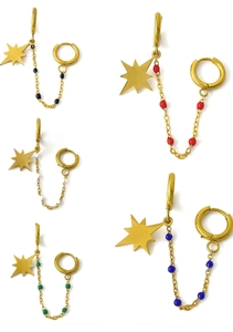 Detail view of colorful beaded ear cuffs with gold eight-pointed star charms in five colors