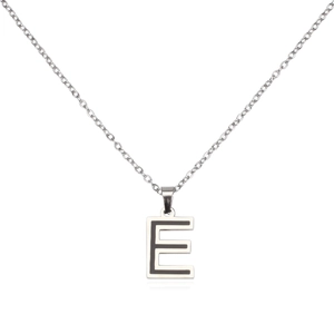 Detail macro view of stainless steel O-chain necklace with a black enamel letter E pendant