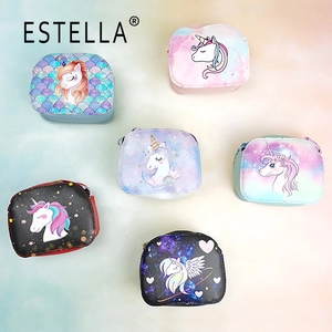 Detailed overhead view of six unicorn theme mini cross-body bags in various colors
