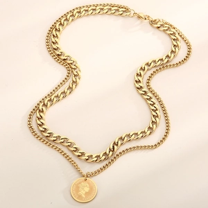 Double-layered gold portrait coin necklace featuring chunky Cuban links and pendant