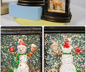 Macro view of bronze Christmas lantern snow globe with snowman and glitter