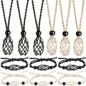 Set di collane e bracciali fatti a mano in corda intrecciata per pietre, nero e beige
