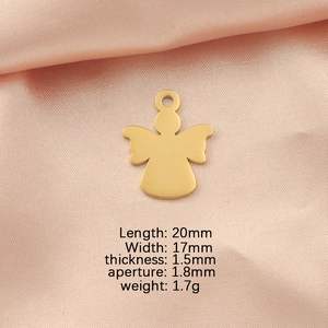 Detailed dimensions of golden angel pendant showing length width and thickness parameters