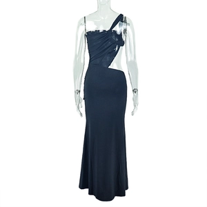 Detail of ruched bodice and waist cutout on a black one-shoulder maxi dress