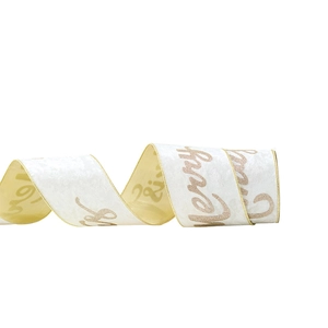 Champagne velvet Christmas ribbon with gold Merry text and elegant glitter edges