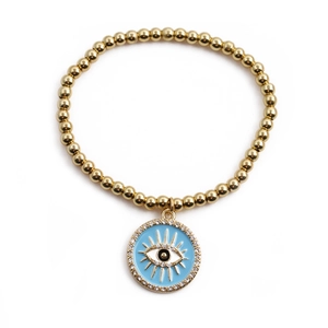 Bracelet à perles dorées avec pendentif œil protecteur bleu et pavé de strass brillants