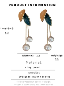Detailed view of leaf drop pearl earrings showing dimensions 5.3cm length and 1.4cm width