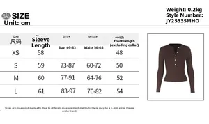 Detailed size chart for long sleeve button cardigan showing dimensions in centimeters