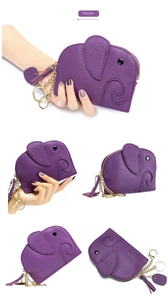Detailed views of purple leather elephant coin purse with golden zipper and keychain