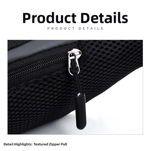 Close-up of waterproof waist bag durable metal zipper head and black nylon mesh fabric