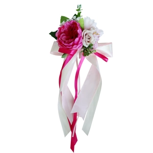 Artificial rose wedding car decoration with pink flowers and hanging silk ribbons