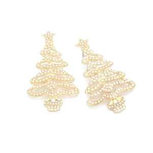 Macro view of gold Christmas tree earrings with white faux pearls and hollow design