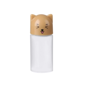 Mini portable plastic sauce bottle with cute brown Shiba Inu cap on white background