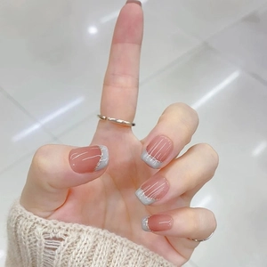 French Ombre Press On Nails Pink Silver Glitter Square Round Wearable False Nails For Women