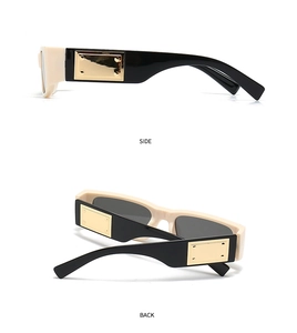 Detail view of rectangular sunglasses showing side and back angles with metal accents