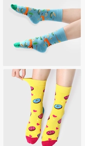 Detail view of colorful geometric crew socks with elastic stretch and unique patterns