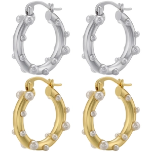 Vintage Brass Hoop Earrings With Irregular Faux Artificial Pearls Gold Plated Geometric Fashion Jewelry For Women