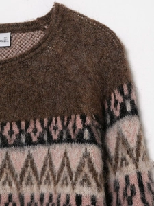 Close-up of brown mohair sweater showing fuzzy texture and geometric jacquard knit pattern