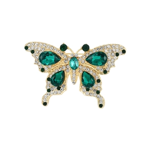 Vintage butterfly brooch with emerald crystals and rhinestones in gold setting