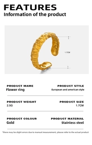 Detailed view of 1.7cm diameter gold flower relief ring made of durable stainless steel