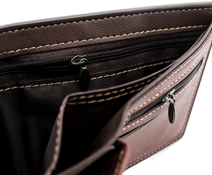 Detailed interior of tri-fold leather wallet showing card slots and double zipper pockets