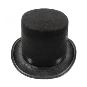 Top-down view of black felt top hat featuring a smooth finish and matching satin ribbon band