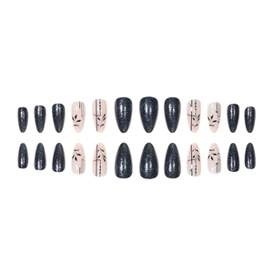 Deep peacock green and beige stiletto fake nails with glitter and leaf rhinestones