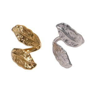 Minimalist stainless steel leaf open ring set in polished gold and silver finishes