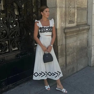 Haut Court En Polyester À Bretelles À Volants Et Jupe Longue À Taille Haute Imprimé Géométrique Vacances Été