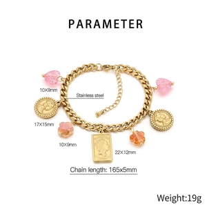 Macro detail of gold stainless steel bracelet featuring pink hearts and portrait charms