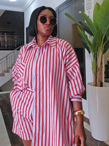 Close-up of red and white vertical striped casual lounge set with shirt and shorts