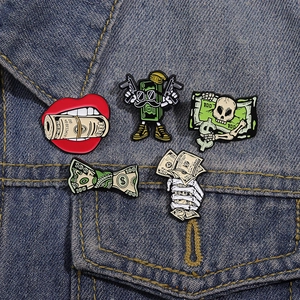 5-piece set of cartoon skull dollar enamel pins on a denim jacket pocket