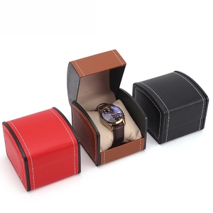 Three premium PU leather watch boxes in red, brown, and black with soft velvet pillows