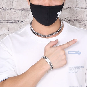 Hip hop silver cuban link chain necklace and bracelet set for men with iced out buckle